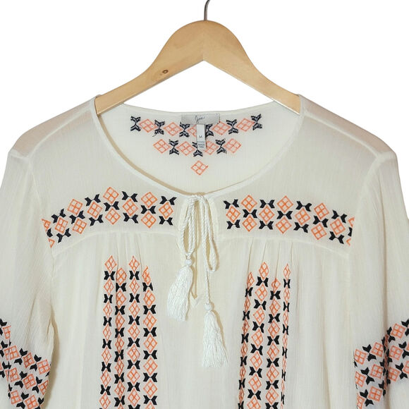 Joie Embroidered Boho Peasant Top Long Sleeve Lightweight Ivory Cream Cotton M - Picture 3 of 16